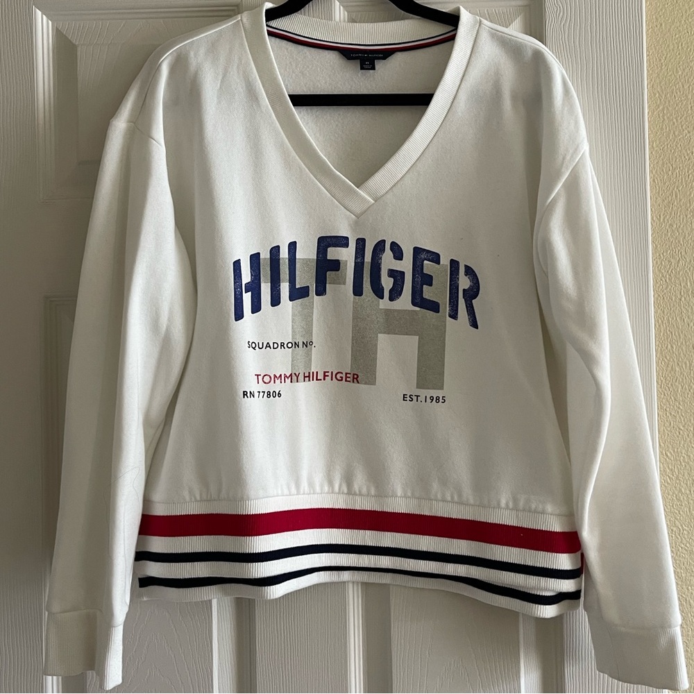 Tommy Hilfiger V Neck White Red Blue Sweater (size M)